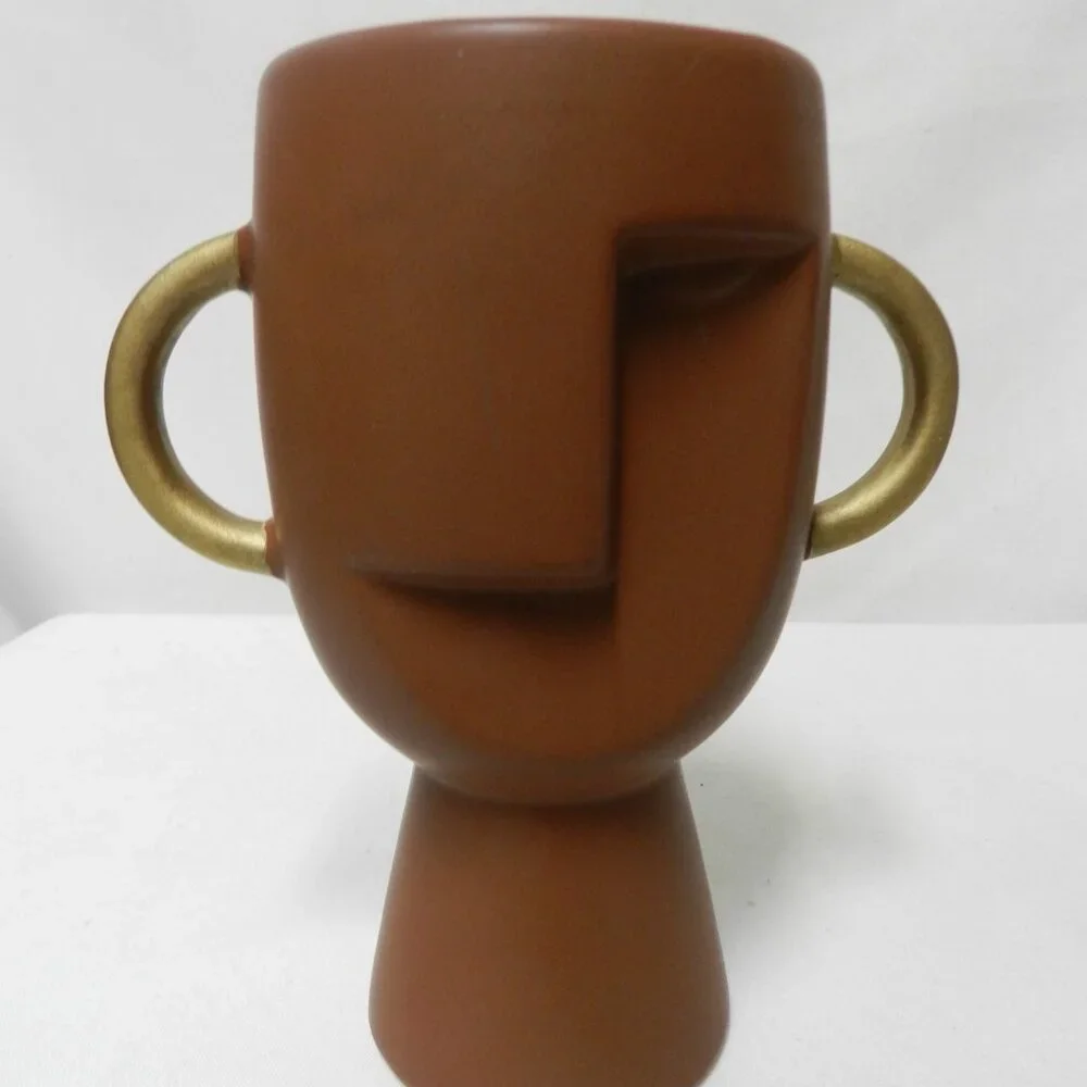 Abstract Face Ceramic Vase double handles brown gold 7